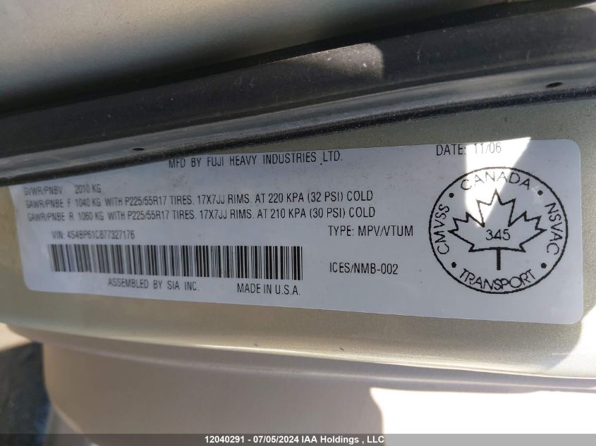 2007 Subaru Outback VIN: 4S4BP61C877327176 Lot: 12040291