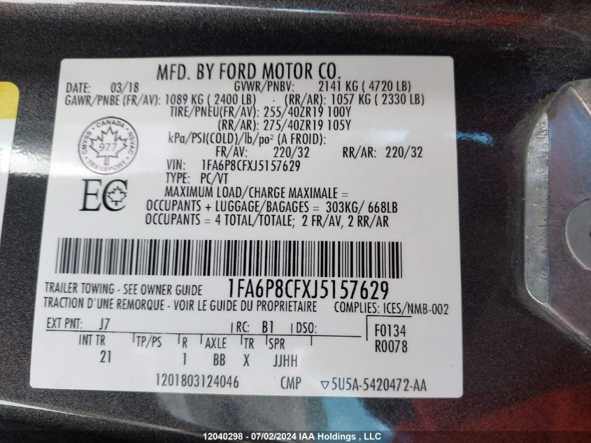 2018 Ford Mustang Gt VIN: 1FA6P8CFXJ5157629 Lot: 12040298