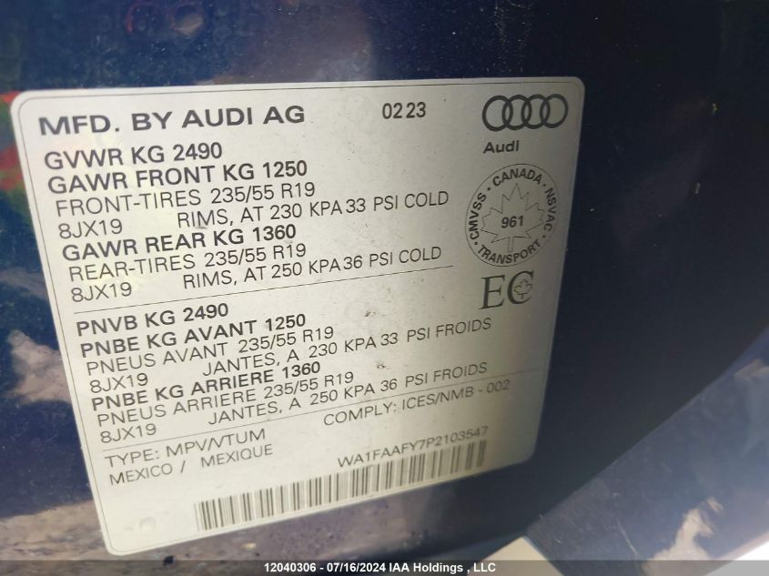 2023 Audi Q5 VIN: WA1FAAFY7P2103547 Lot: 12040306