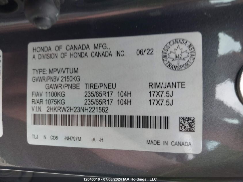 2022 Honda Cr-V VIN: 2HKRW2H23NH221562 Lot: 12040310