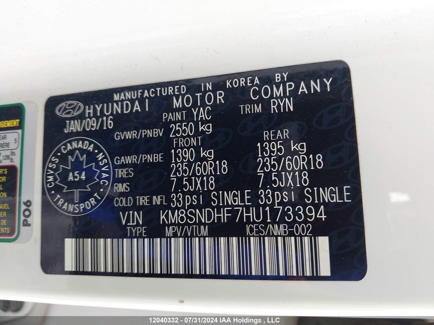 2017 Hyundai Santa Fe Se/Limited VIN: KM8SNDHF7HU173394 Lot: 12040332