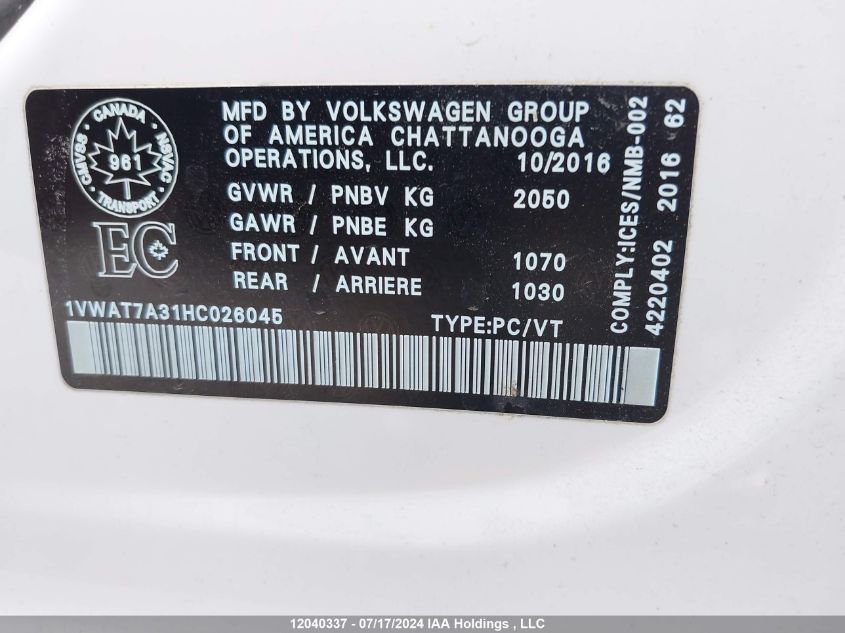 2017 Volkswagen Passat VIN: 1VWAT7A31HC026045 Lot: 12040337