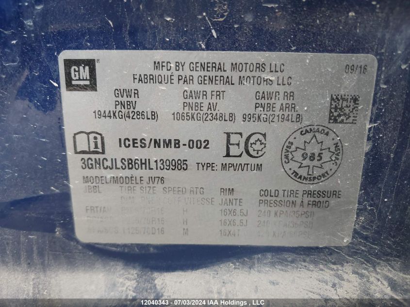 2017 Chevrolet Trax VIN: 3GNCJLSB6HL139985 Lot: 12040343