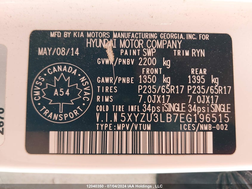 2014 Hyundai Santa Fe Sport 2.4 Premium VIN: 5XYZU3LB7EG196515 Lot: 12040350