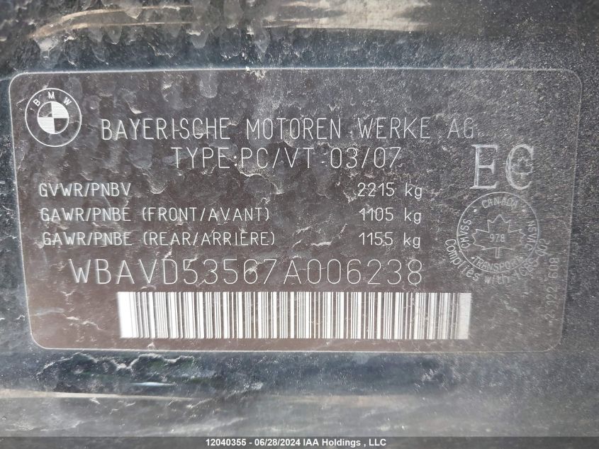 2007 BMW 3 Series VIN: WBAVD53567A006238 Lot: 12040355