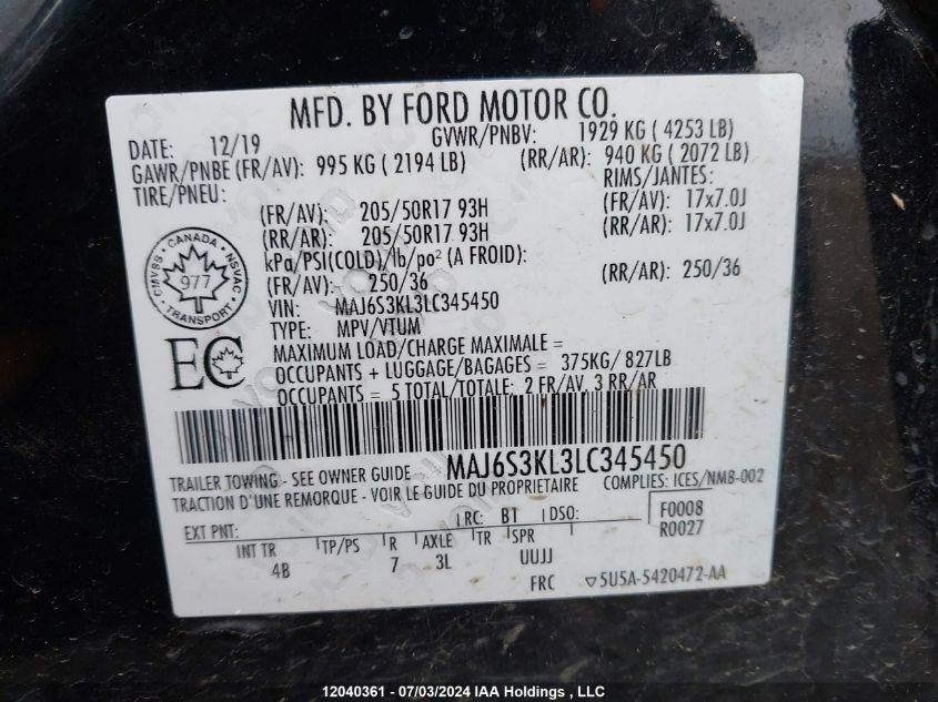 2020 Ford Ecosport Titanium VIN: MAJ6S3KL3LC345450 Lot: 12040361