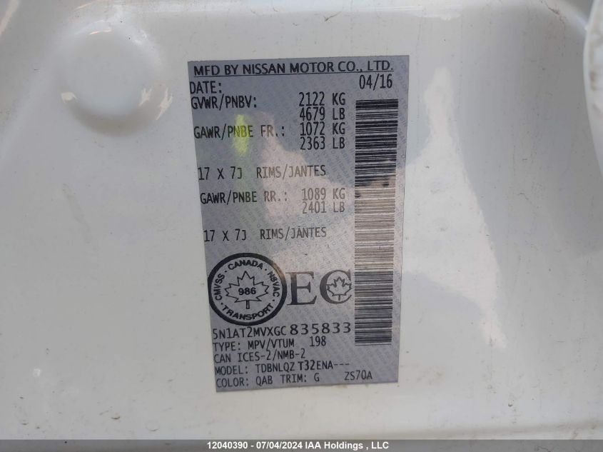 2016 Nissan Rogue VIN: 5N1AT2MVXGC835833 Lot: 12040390