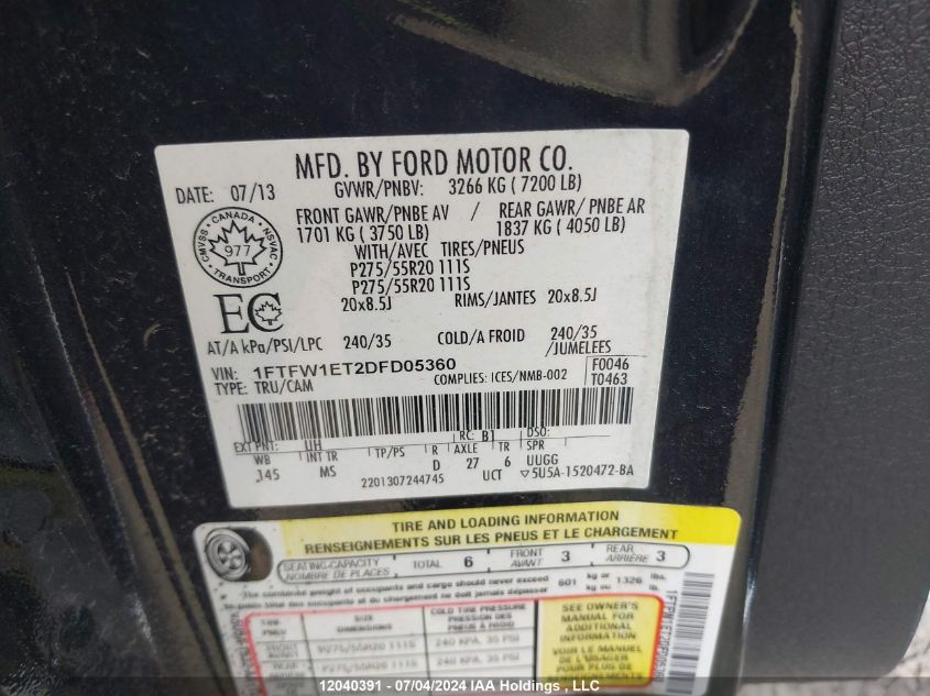 2013 Ford F-150 Xlt VIN: 1FTFW1ET2DFD05360 Lot: 12040391