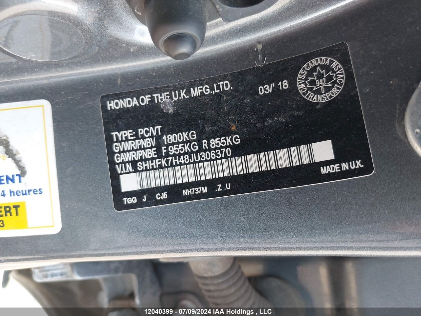 2018 Honda Civic Hatchback VIN: SHHFK7H48JU306370 Lot: 12040399