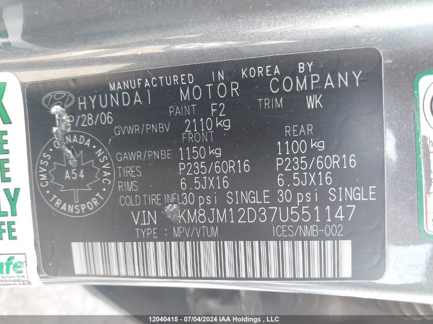 2007 Hyundai Tucson VIN: KM8JM12D37U551147 Lot: 12040415