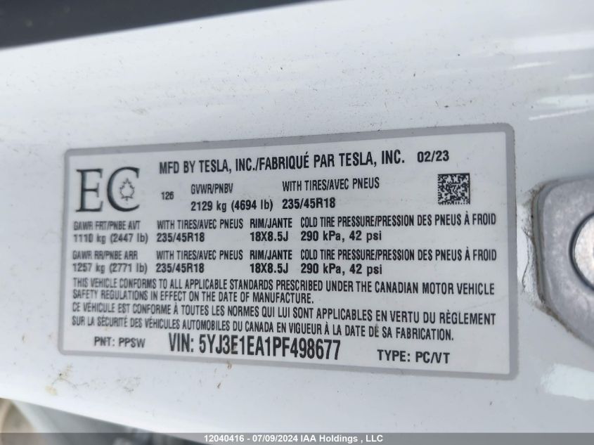 2023 Tesla Model 3 VIN: 5YJ3E1EA1PF498677 Lot: 12040416