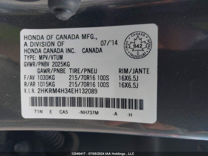 2014 Honda Cr-V VIN: 2HKRM4H34EH132089 Lot: 12040417
