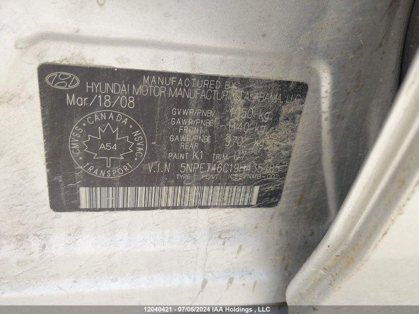 5NPET46C19H435485 2009 Hyundai Sonata