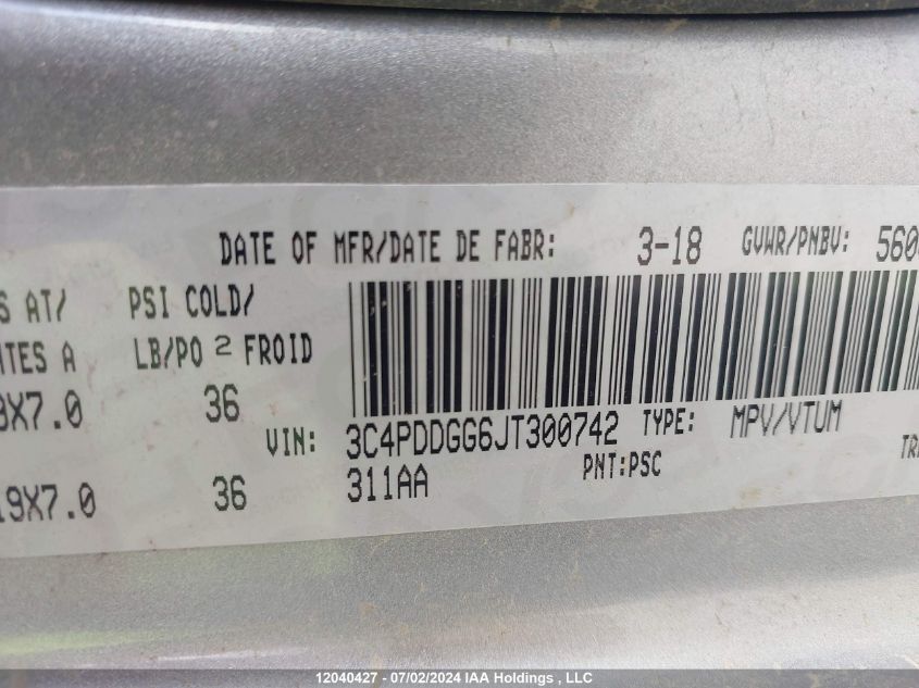 2018 Dodge Journey Crossroad VIN: 3C4PDDGG6JT300742 Lot: 12040427