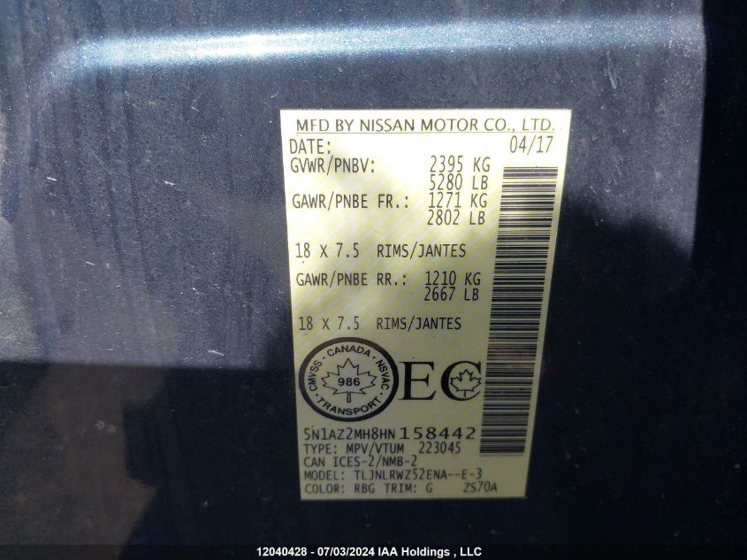 2017 Nissan Murano VIN: 5N1AZ2MH8HN158442 Lot: 12040428