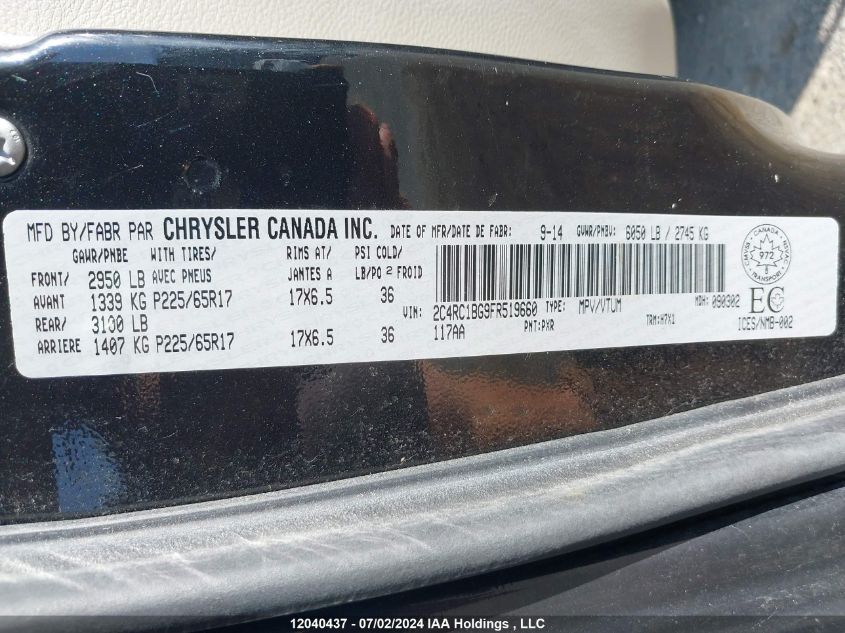 2015 Chrysler Town & Country Touring VIN: 2C4RC1BG9FR519660 Lot: 12040437