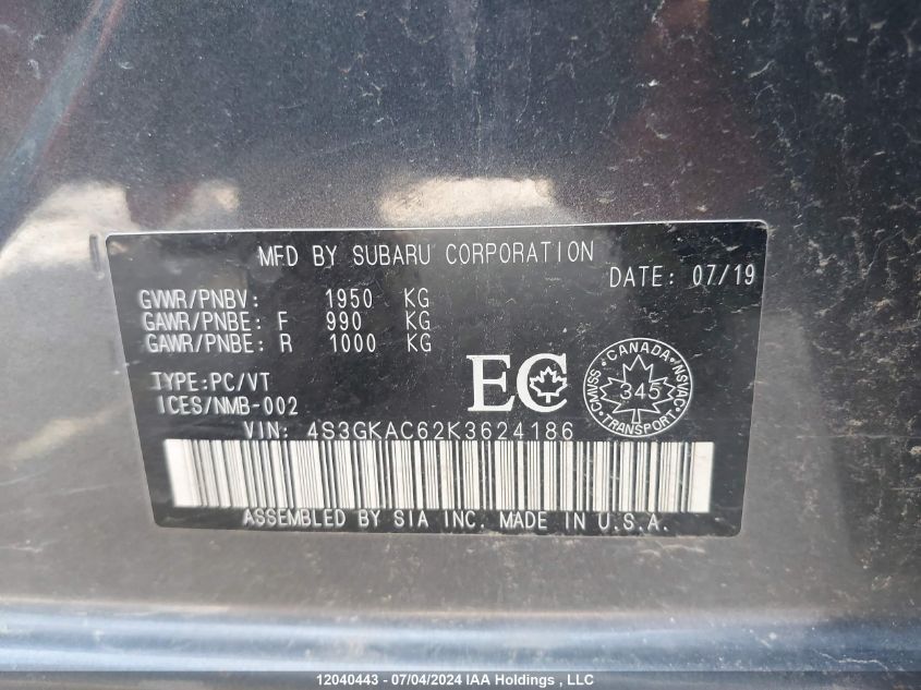 2019 Subaru Impreza VIN: 4S3GKAC62K3624186 Lot: 12040443