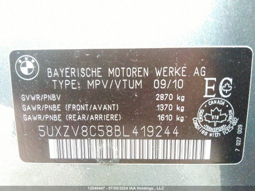 2011 BMW X5 VIN: 5UXZV8C58BL419244 Lot: 12040447