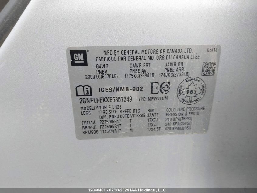 2014 Chevrolet Equinox VIN: 2GNFLFEKXE6357349 Lot: 12040461