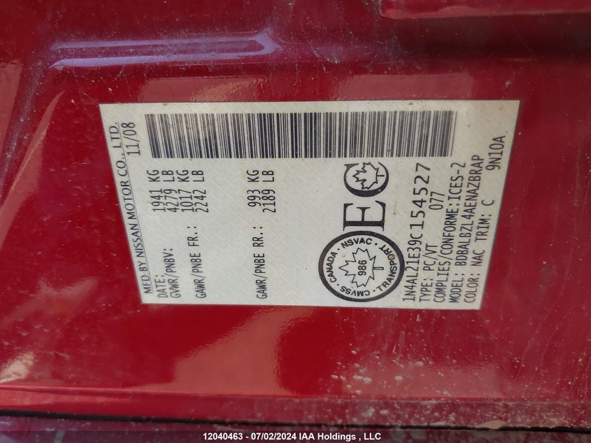 2009 Nissan Altima 2.5/2.5S VIN: 1N4AL21E39C154527 Lot: 12040463