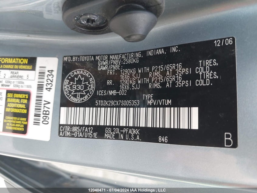 2007 Toyota Sienna Ce 7 Passenger/Ce 8 Passenger VIN: 5TDZK29CX7S005353 Lot: 12040471