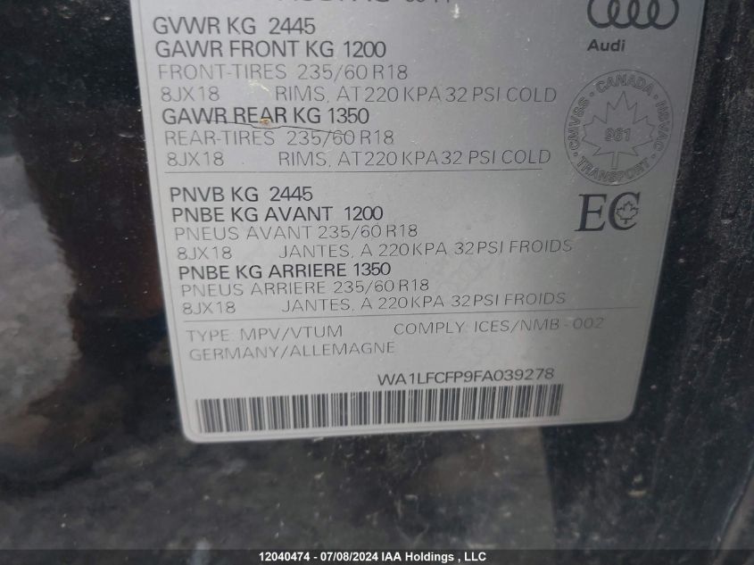 2015 Audi Q5 Premium Plus VIN: WA1LFCFP9FA039278 Lot: 12040474