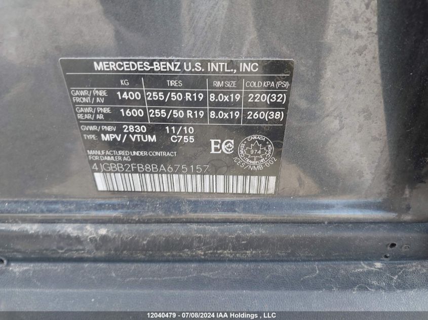 2011 Mercedes-Benz Ml-Class VIN: 4JGBB2FB8BA675157 Lot: 12040479