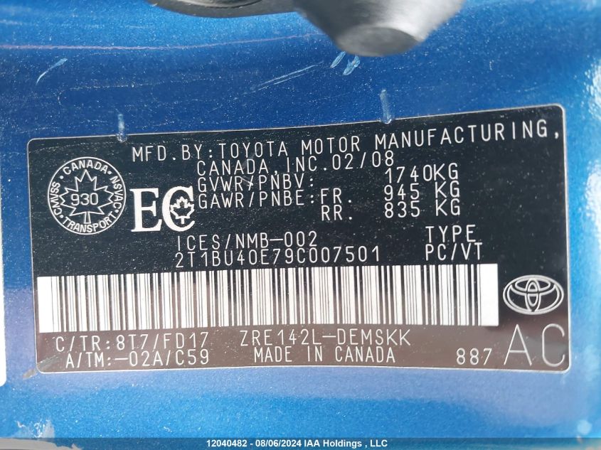 2009 Toyota Corolla S VIN: 2T1BU40E79C007501 Lot: 12040482