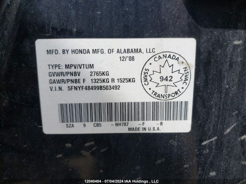 2009 Honda Pilot VIN: 5FNYF48499B503492 Lot: 12040484