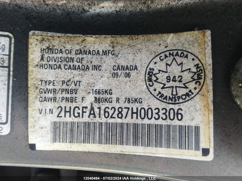2007 Honda Civic Dx VIN: 2HGFA16287H003306 Lot: 12040494