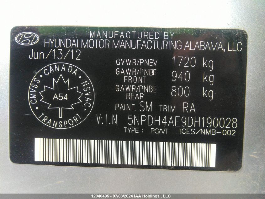 2013 Hyundai Elantra Gls/Limited VIN: 5NPDH4AE9DH190028 Lot: 12040495
