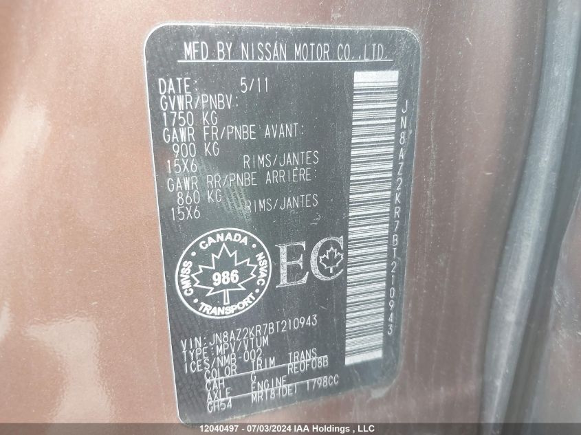 2011 Nissan Cube VIN: JN8AZ2KR7BT210943 Lot: 12040497