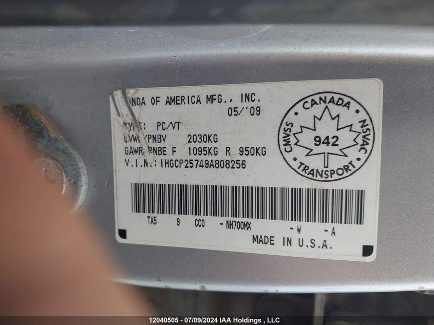 2009 Honda Accord VIN: 1HGCP25749A808256 Lot: 12040505