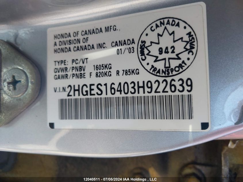 2003 Honda Civic VIN: 2HGES16403H922639 Lot: 12040511