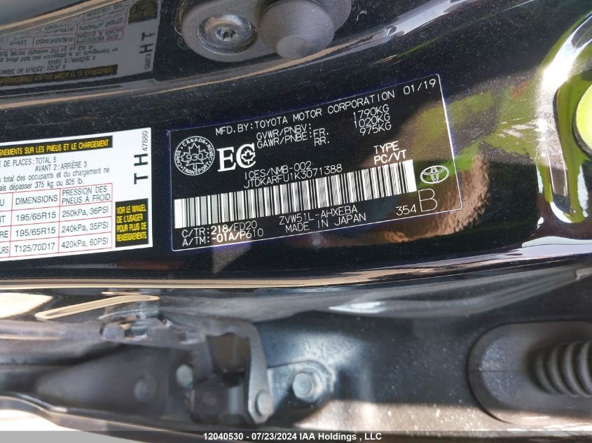 2019 Toyota Prius VIN: JTDKARFU1K3071388 Lot: 12040530