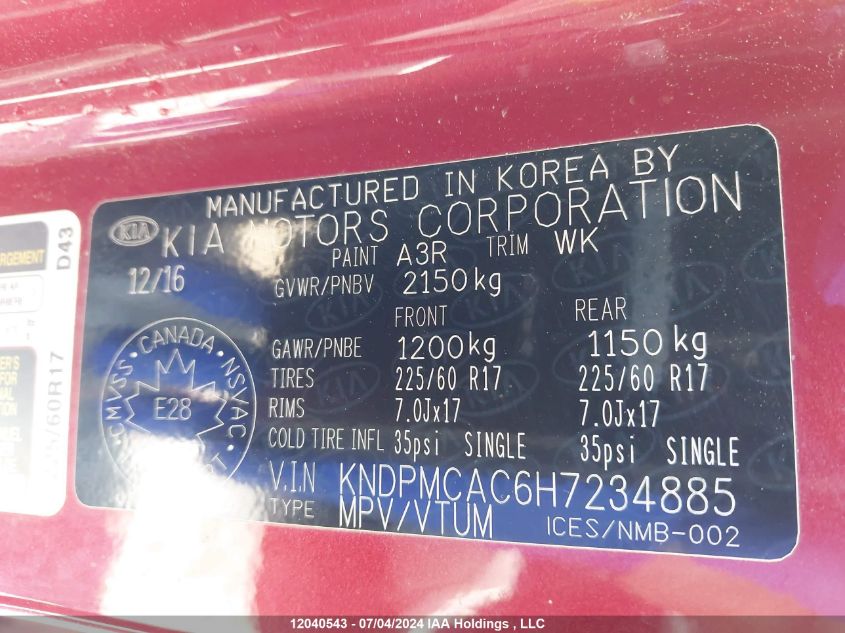 2017 Kia Sportage VIN: KNDPMCAC6H7234885 Lot: 12040543