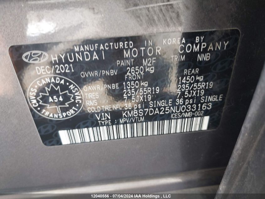 2022 Hyundai Santa Fe Luxury Plug-In Hybrid Awd VIN: KM8S7DA25NU033163 Lot: 12040556