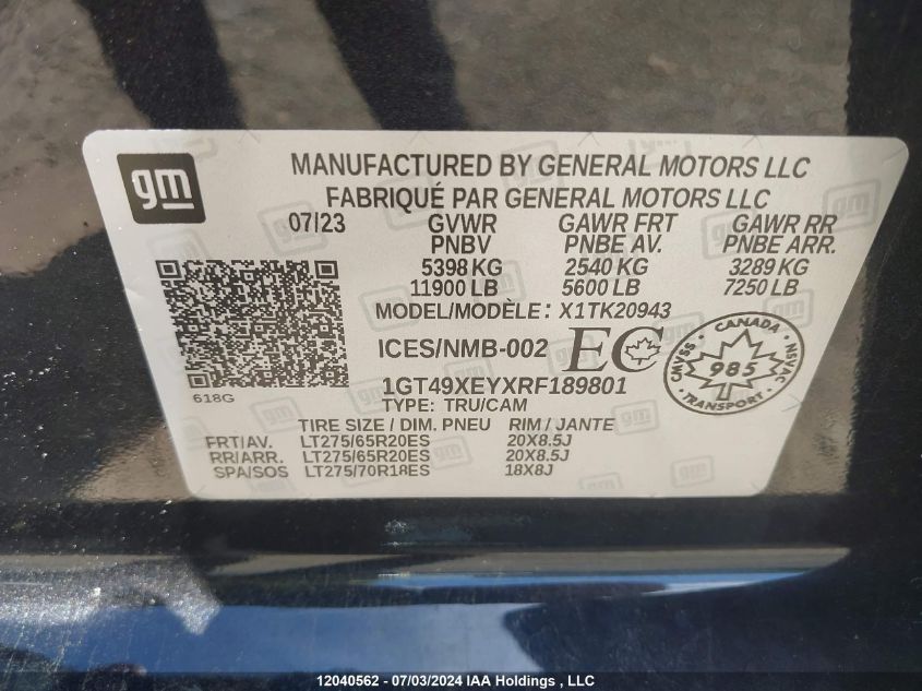 2024 GMC Sierra K2500 Denali Ultimate VIN: 1GT49XEYXRF189801 Lot: 12040562