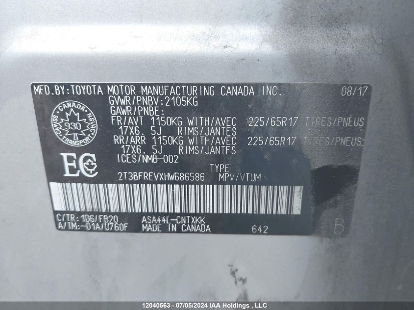 2017 Toyota Rav4 Le VIN: 2T3BFREVXHW686586 Lot: 12040563