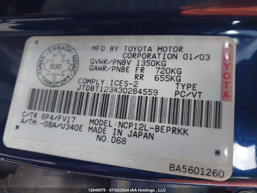 2003 Toyota Echo VIN: JTDBT123X30284559 Lot: 12040570