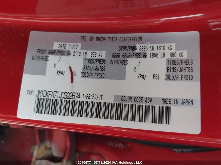 2018 Mazda Cx-3 VIN: JM1DKFA71J0322674 Lot: 12040577