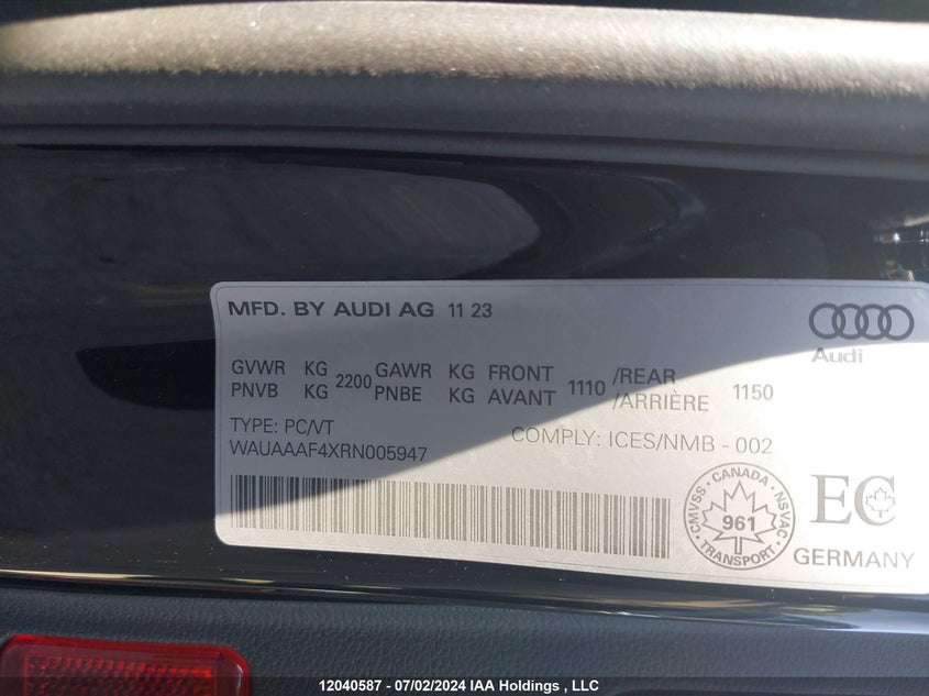 2024 Audi A4 Sedan VIN: WAUAAAF4XRN005947 Lot: 12040587