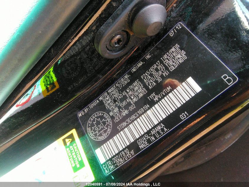 2012 Toyota Highlander VIN: 5TDBK3EH9CS169194 Lot: 12040591