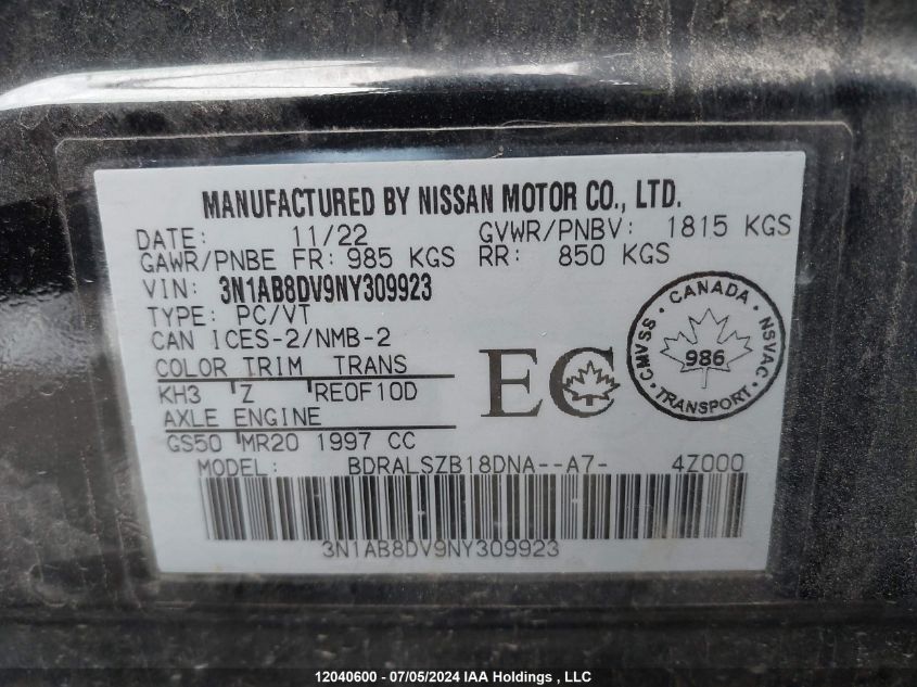 2022 Nissan Sentra VIN: 3N1AB8DV9NY309923 Lot: 12040600