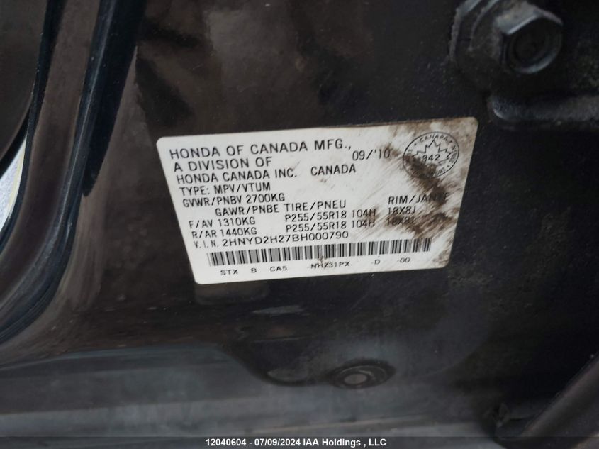 2011 Acura Mdx VIN: 2HNYD2H27BH000790 Lot: 12040604