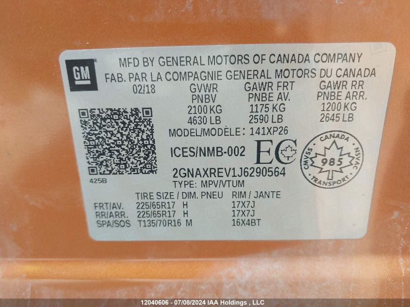 2018 Chevrolet Equinox VIN: 2GNAXREV1J6290564 Lot: 12040606