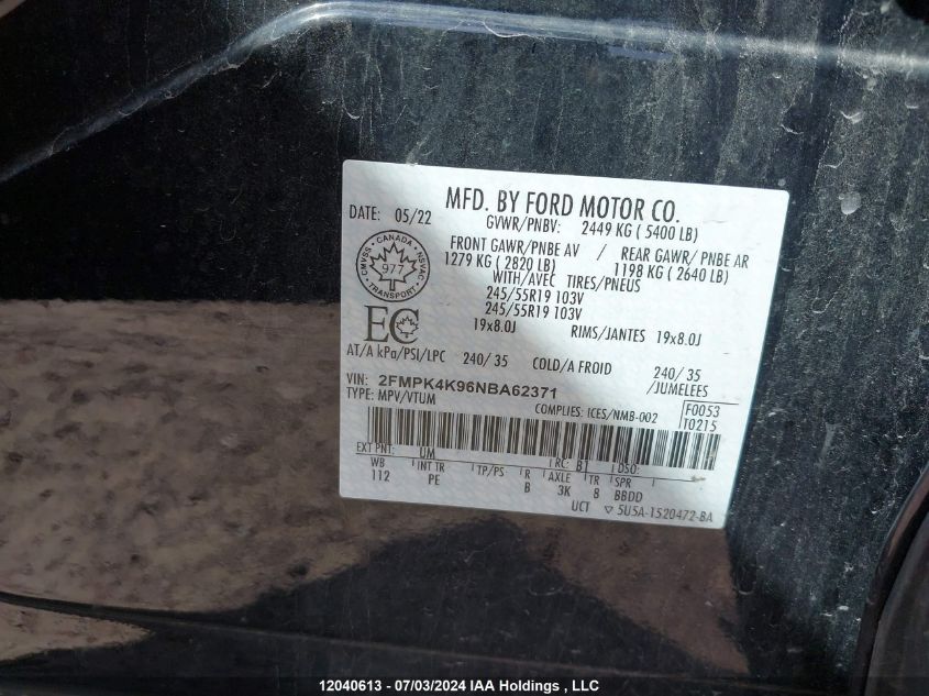 2022 Ford Edge Titanium VIN: 2FMPK4K96NBA62371 Lot: 12040613