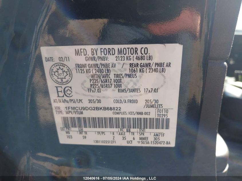 2011 Ford Escape Xlt VIN: 1FMCU9DG2BKB68822 Lot: 12040616