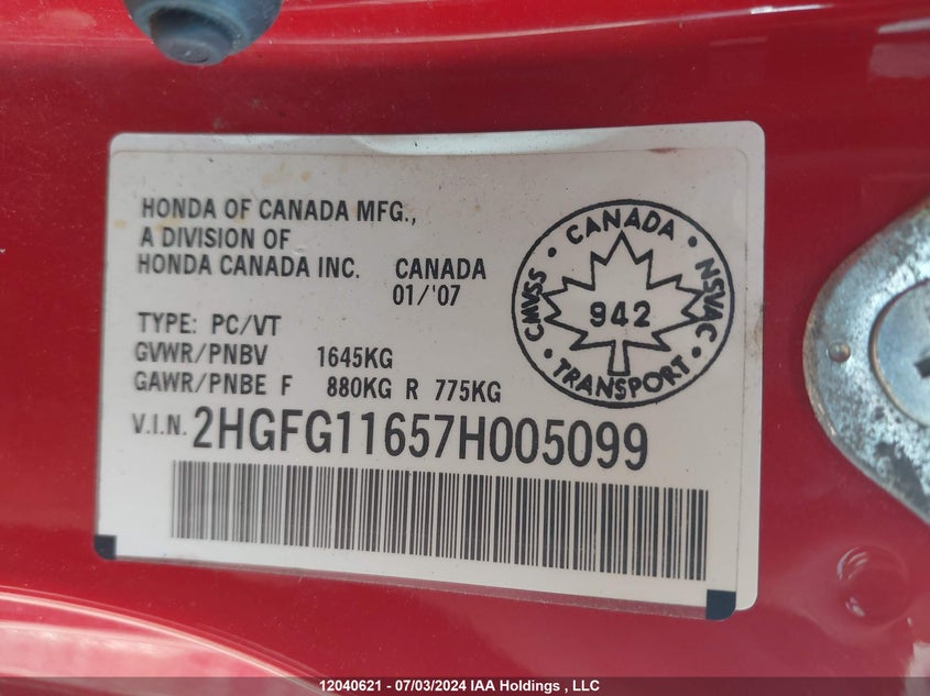 2007 Honda Civic Cpe VIN: 2HGFG11657H005099 Lot: 12040621