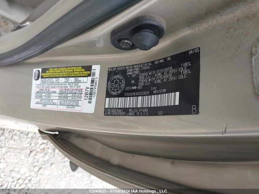 2005 Toyota Sienna Ce VIN: 5TDZA29CX5S322629 Lot: 12040625